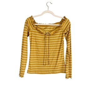 Aeropostale Y2K Rib Stripe Top L Yellow Ruffle Off Shoulder Preppy Chic Lace Up